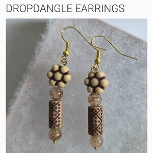 DESIGNER ORIGINAL CREATED CARVED WOOD FLORAL MEETS BEADED DROPDANGLE  EARRINGS